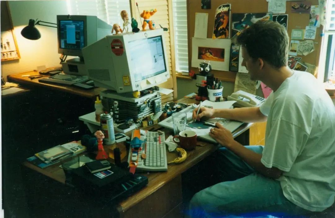 A cluttered Pixar animator's desk in the mid-1990s