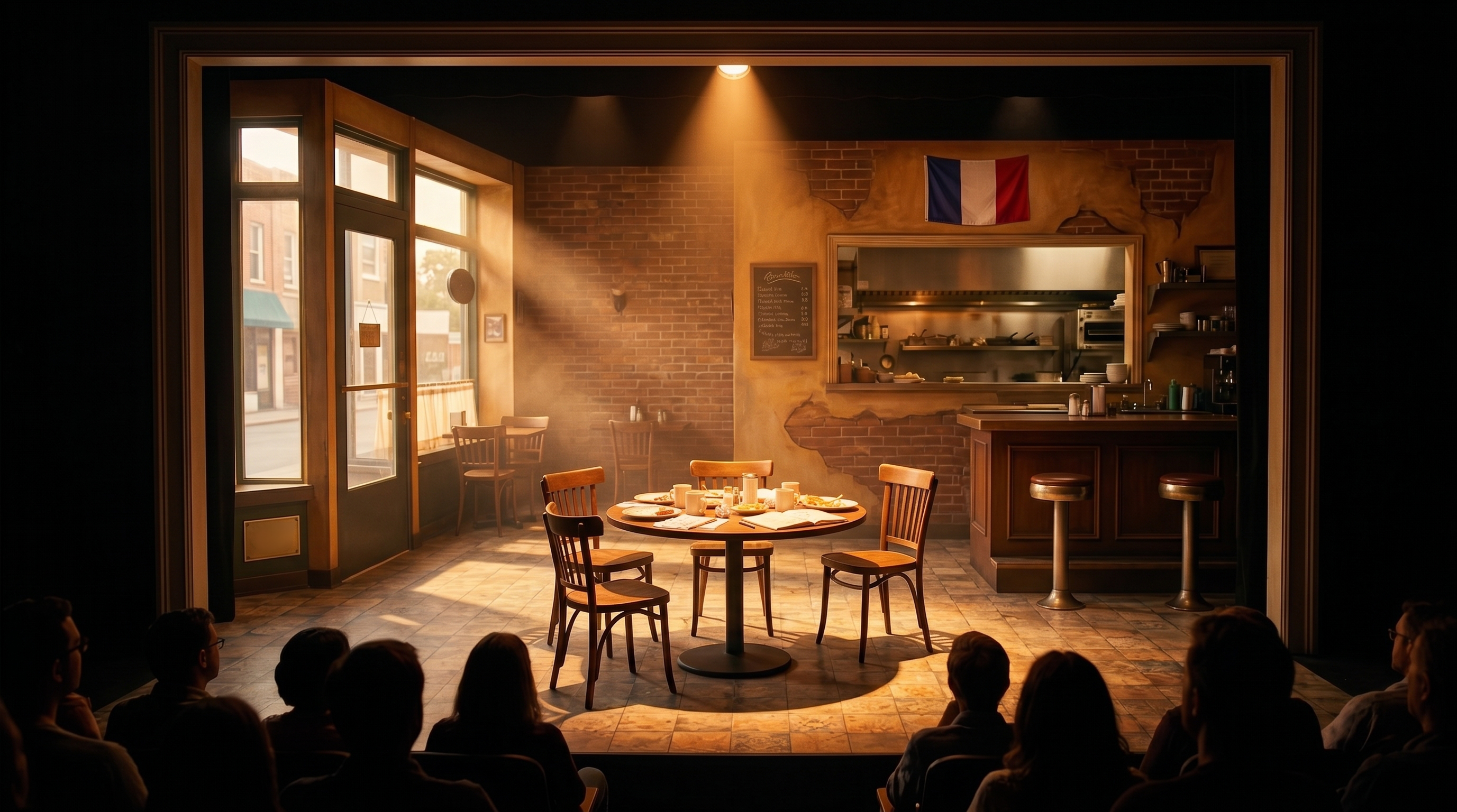A black-box theatre staging of the Hidden City Café set: table for four, French flag over the kitchen pass-through, audience in the foreground