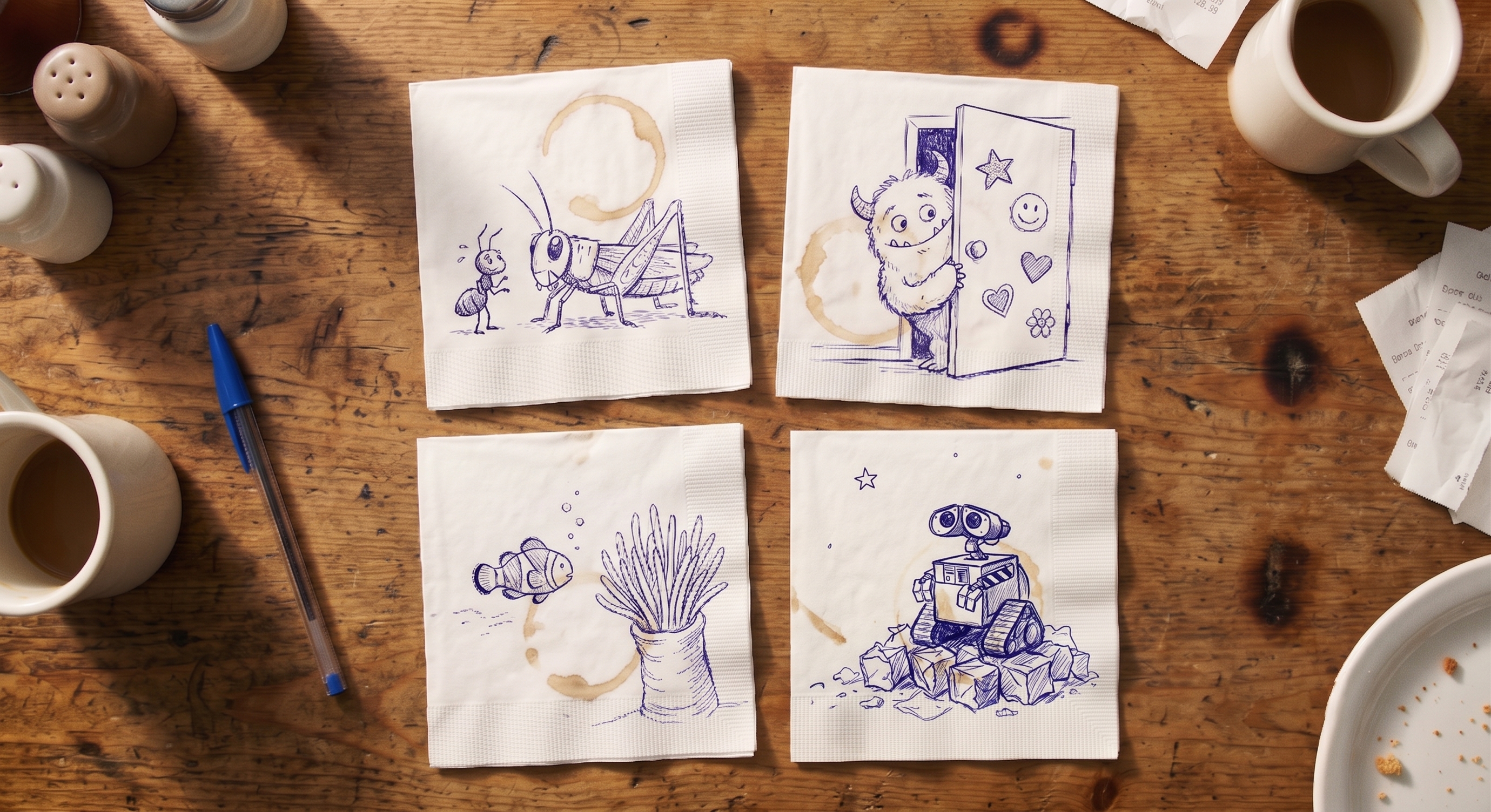 Four napkin sketches — the seeds of A Bug's Life, Monsters Inc., Finding Nemo, and WALL-E